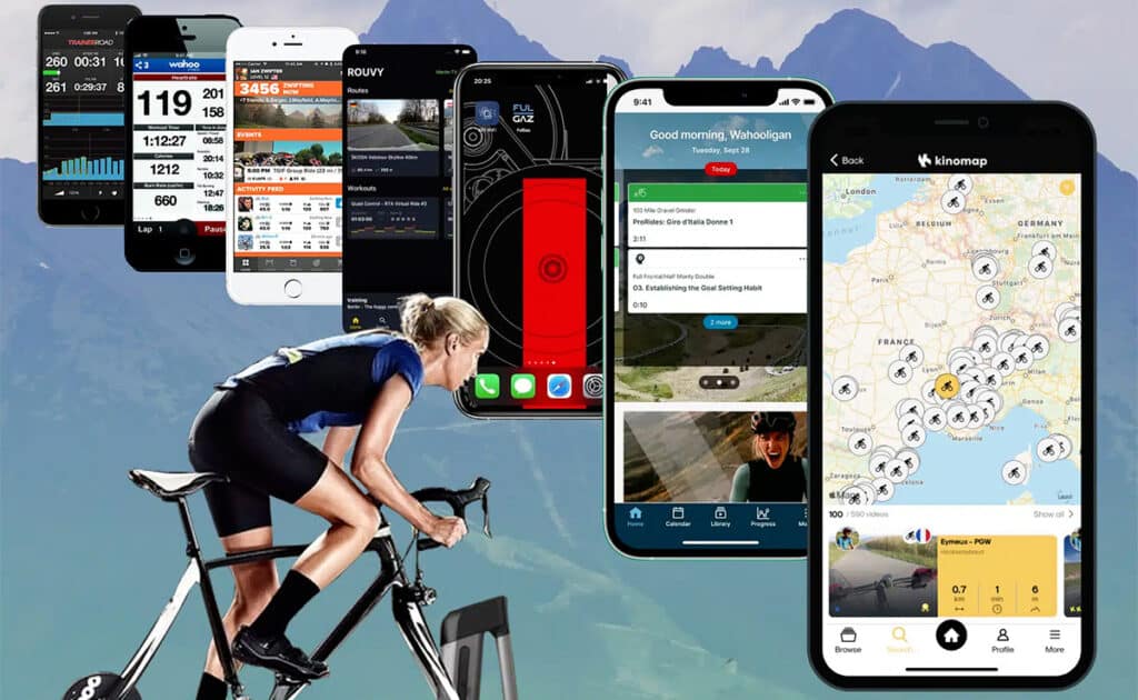 Kvinde på hometrainer ser på de 7 bedste træningsapps til cykeltræning.